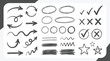 © Ringgoku - Arrow, circle, underline marker hand pen set. Arrow line marker hand drawn brush pencil sketch. Doodle check, cross, star oval round icon sign symbol texture rough. Vector illustration