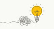 © Rishi - From complexity to clarity A continuous line evolving from a jumble into an illuminated light bulb, symbolizing inspiration and solution
