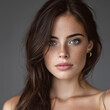 © visoot - Beautiful woman with long brown hair blue eyes natural makeup freckles gold hoop earring soft lighting studio portrait confident expression