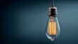© Samorn - A vintage edison light bulb hangs from the ceiling, glowing with a warm orange light against a dark teal colored background in a studio setting.