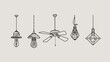 © lestari - Five line-drawn lighting fixtures, including pendant lights and a ceiling fan, on a plain background