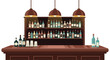 © naim - A wooden bar counter with two shelves full of liquor bottles and three hanging pendant lamps is depicted.