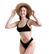 © New Africa - Beautiful young woman wearing stylish black bikini and straw hat on white background