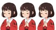 © DigitalStock - three adorable cartoon girls in traditional red kimonos praying with serene expressions perfect for spiritual content