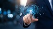 © CuteBee - A businessman pointing to a glowing blue circular checkmark icon encircled by digital data lines, symbolizing successful completion, security, and digital verification in business operations.