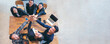 © aFotostock - Banner Partners hands together teamwork group of business people meeting in firm company office. Panorama Diversity Hands join empower partner teams connection Mergers acquisitions social community