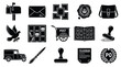 © GJ - Collection of  icons, including a mailbox, envelope, stamps, wax seal, satchel, pigeon, post office boxes, mail cart, stamp album, rubber stamp, delivery van, letter opener, and telegram.