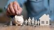 © SKIMP Art - a man's hand drops coins into a piggy bank, next to which there is an illustration of family figures made from paper cutouts the concept shows financial planning for future needs Generative AI