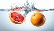 © BeruangDonati - Refreshing burst of clear water surrounds a whole and a halved vibrant grapefruit, capturing the invigorating essence of citrus and healthy hydration