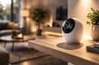 © Ahmad - Modern white smart home security camera on wooden shelf in cozy warmly lit living room with plants and minimalist decor