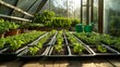 © Sinechana - 135.Spacious greenhouse glowing with natural light, organized seedling trays neatly aligned, watering cans in vivid green resting on a work table, energetic farming preparation scene