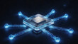 © zhou yan - 3D network topology visualization with holographic glass core switch node and fiber optic connections in star architecture with blue glowing data flow for technology website and presentation