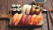 © Cavan - Assorted sushi set with nigiri and maki rolls on a wooden board