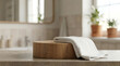© ASODHAR - Natural Wood Podium on Stone Counter with White Towel for Beauty Product Mockup and Spa Wellness Banner