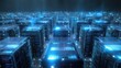 © Aleksandr - A top-down perspective of a vast digital data center with glowing blue server racks representing artificial intelligence processing and cloud database storage.