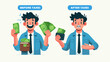 © Me Noviar - Cartoon illustration of a man comparing his income before and after taxes, showing a happy expression with lots of money versus a sad expression with a nearly empty wallet