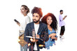 © ImageFlow - Mixed group of young people standing with city double exposure style on white background, symbolizing teamwork and business concept
