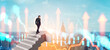 © ImageFlow - A person on high steps above a city skyline with glowing rising arrows and chart lines on bright sky background showing concept of business growth and success