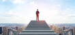 © ImageFlow - A person on staircase above urban skyline in bright photo style on sky backdrop, concept of success, ambition, leadership, growth