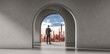 © ImageFlow - A person in suit viewing a city skyline through large arches in realistic style on a neutral background, concept of business success and ambition