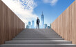 © ImageFlow - Man on stairs facing modern city skyline in realistic style on bright sky background, concept of success and future ambition