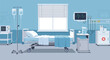 © Asad - Empty hospital patient room featuring medical equipment like an intravenous drip and vital signs monitor