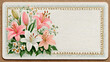 © Oksana - This vintage textured card frame has a dotted golden inner border, with pink, white lily blooms, lily buds, tiny daisies and green leaves arranged on its left side, leaving a large blank area for text