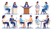 © MSTKOHINUR - Vector illustration of professional office communication with business people presenting, discussing, interviewing, teamwork, laptops, podium, and workplace furniture