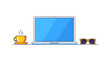 © Dya - Laptop, coffee cup, and sunglasses on a desk, representing a modern workspace.