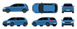 © SharpPath - Set of blue cars: side, top, and rear views of hatchback and wagon variants.