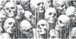© Purple_Lamp - illustration of multiple human skulls stacked with dripping texture in black and white engraving