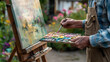 © Kseniya - Close-up of senior artist painting on canvas with palette in garden; natural light realistic style, concept of creativity and mindful hobby, ideal for art ads, therapy content and lifestyle branding