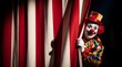© Вячеслав Краснов - Clown peeking from behind red and white striped curtain in a circus setting during evening performance
