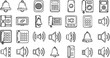 © pixsource - Technology and Communication Outline Icons Set: Featuring Bells, Phones, Speakers, Keypads, and Sound Controls in Black White Line Art Style