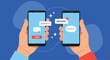 © Shobuj - Online communication and mobile messaging concept showing hands holding smartphones exchanging digital chat messages and email icons on blue.