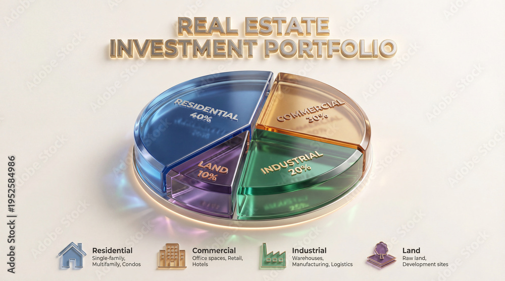 Real estate portfolio allocation infographic. Glass pie chart breaks ...
