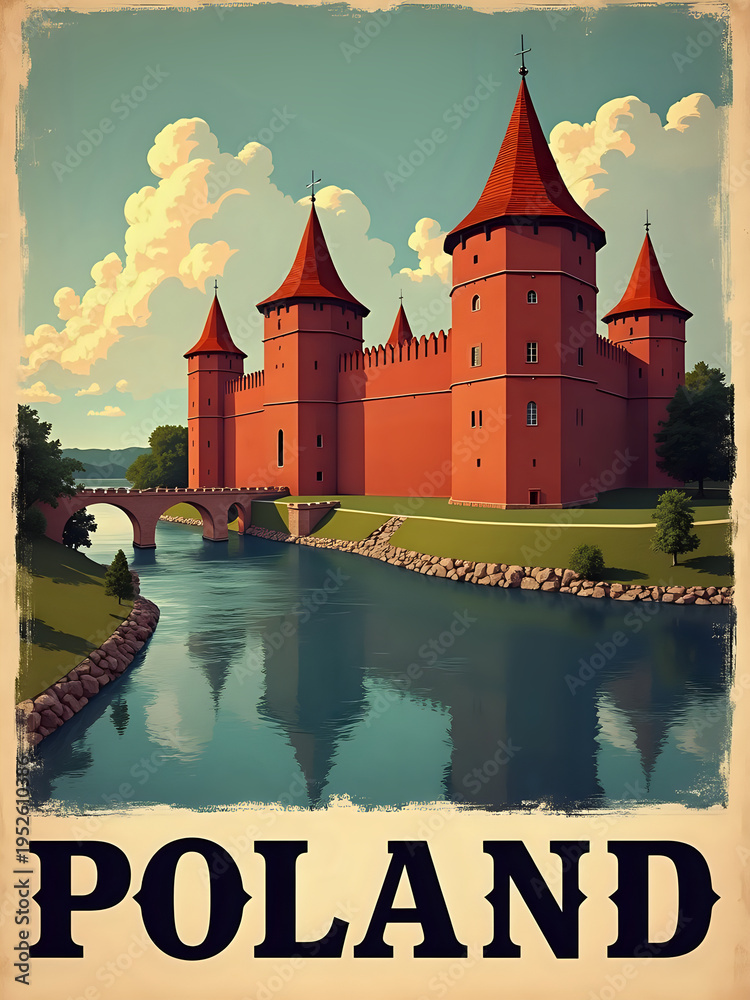 A castle with tall towers stands by a river in Poland. The water flows gently beside the stone bridge. Green hills and blue sky fill the background.