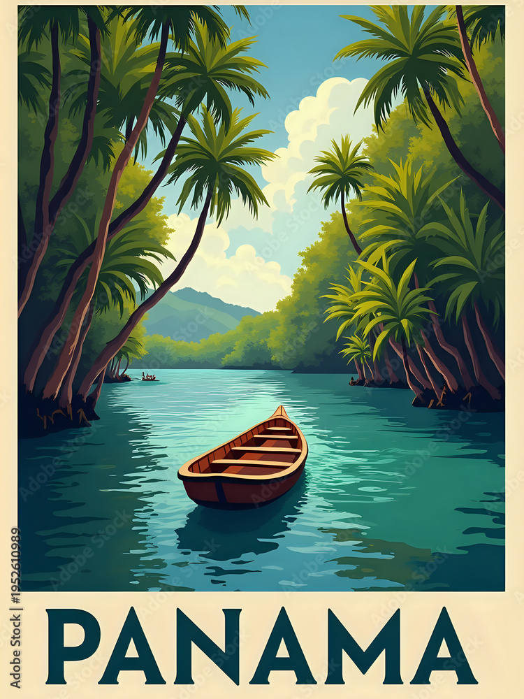 A wooden boat floating in water surrounded by tall green trees. Hills are visible in the background under a blue sky with clouds. The setting is in Panama.