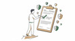 © KJ-KJ - チェックリストを完了する男性の線画イラスト、セキュリティと管理のイメージ