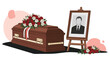 © Emran - Funeral scene includes a dark wood coffin decorated with red and white flowers next to a portrait of the deceased man.