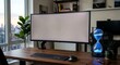 © Halyna S. - Blank curved monitor mockup on wooden desk with hourglass