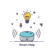 © Coosh448 - AI powered assistance small smart speaker with subtle sound waves and floating light bulb icon labeled Smart Help, illustrating voice control and intelligent