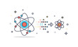 © Тимур Кунець - Matter to information transfer stylized atom icon transforming into a stream of data dots flowing toward a second atom. A refined editorial illustration about