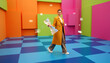 © Alena AV - Woman walks confidently across vibrant geometric studio interior, holding chess piece.  Color block concept conveys independence, self expression, contemporary style, dynamic urban energy.