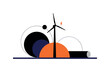 © Настя Шевчук - Black and white single wind turbine blade isolated vertically like sculptural form, bold orange semicircle rising behind like renewable sunrise, thin navy
