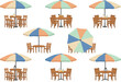 © MDAbul - Outdoor cafe tables with umbrellas collection wooden chairs street restaurant furniture set flat vector illustration