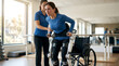© kandoalchemist - Woman with exoskeleton assisted by therapist in rehab center