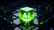 © Pixeling Crafter - Glowing green AI cube on futuristic digital grid representing artificial intelligence computing, machine learning systems, data processing networks and advanced technology innovation