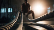 © Bonsales - Man training with battle ropes, engaging full body in dynamic exercise in a gym. Focus on fitness, power, and determination