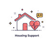 © Svitlana - Right to housing emergency assistance theme illustrated by a simple house icon paired with a lifeline heart symbol, conveying support in times of crisis. The